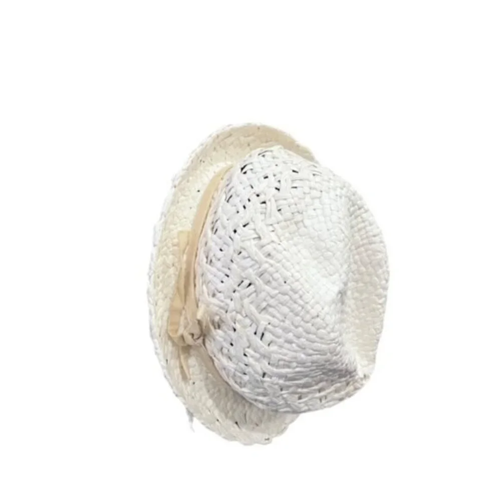 White Paper Bucket Hat Beige Ribbon Summer Sun Beaded Beach Pool Vacation Travel